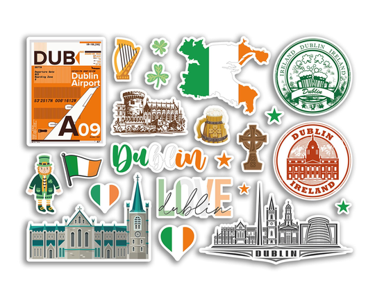 A5 Sticker Sheet Dublin Landmarks Vinyl Stickers - Ireland City Map Airport Stamps Skyline Flag Travel Holiday Scrapbook Aesthetic #79029