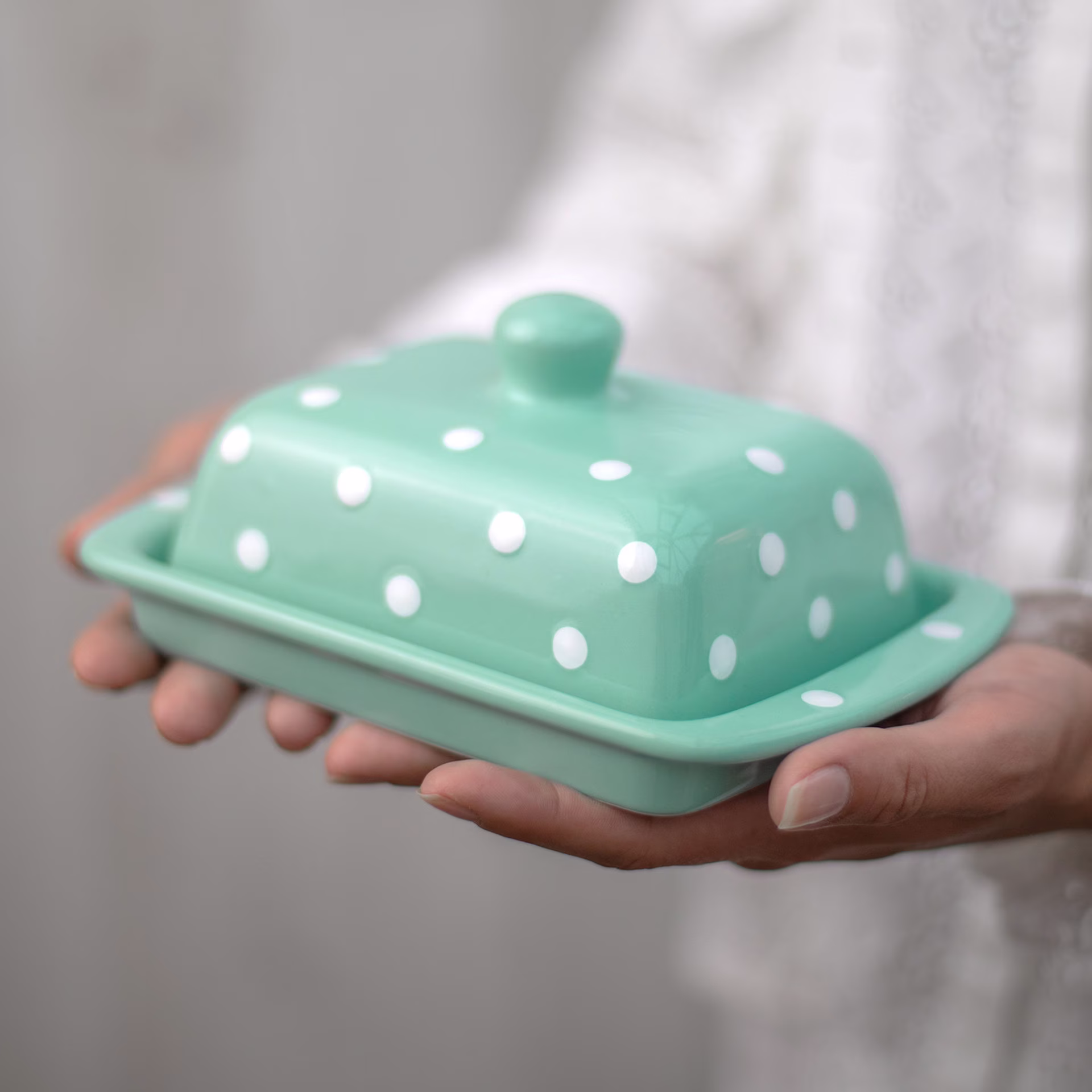 Teal Covered Butter Dish With Lid, Ceramic Keeper, European Style White Polka Dot, Stoneware Handmade Pottery, Housewarming Gift