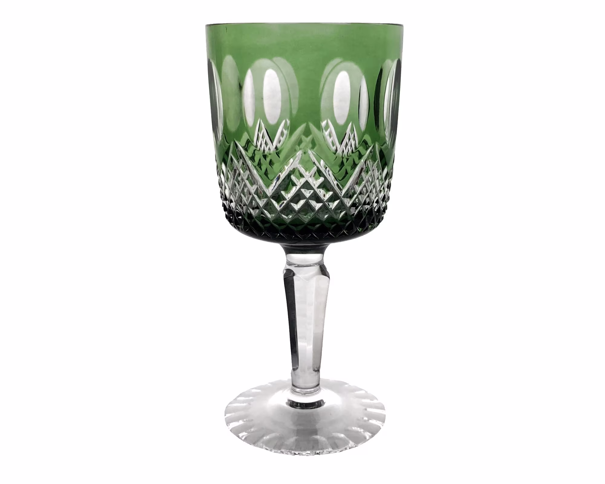 Vintage Emerald Green Wine Glass Goblet Hock Cut-To-Clear 24% Lead Crystal Beyer Kristallglas Bavaria Germany German 1980S Unusual Shape