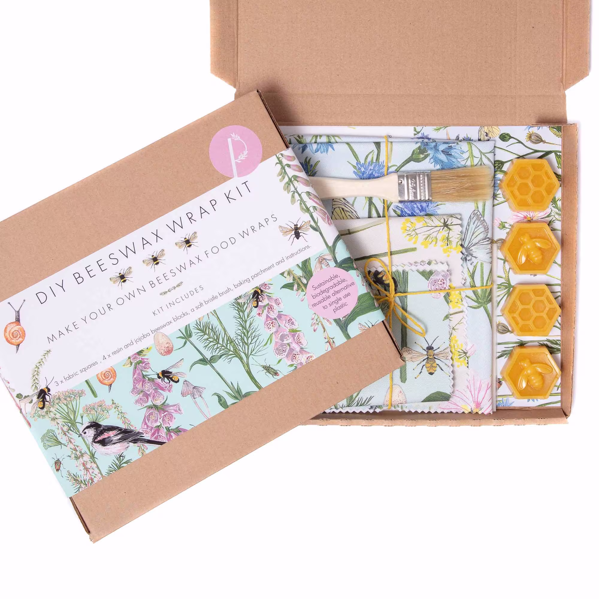 Diy Beeswax Wrap Kit - Make Your Own Set Of 3 Wraps With Floral & Bird Fabric