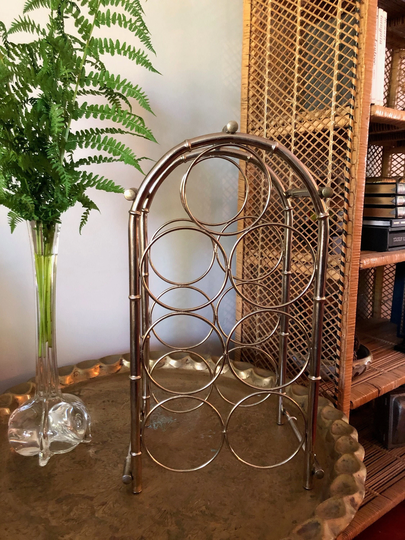Vintage Brass Plated 7 Bottle Wine Rack Bamboo Style Retro 70's 80's Boho Home Bar