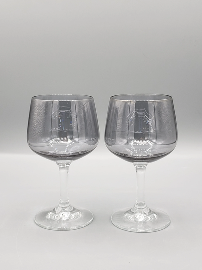 Pair Of Iridescent Gray, Mirrored Glasses ~ Wine Or Champagne Small Cocktail 6 Oz Stemware Mid Mod Mama Vibes