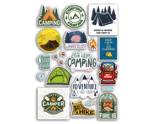 A4 Sticker Sheet Camping Vinyl Stickers - Camp Camper Adventure Tent Hobby Wild Boys Girls Men Get Outside Scrapbooking Travel Gift #78899