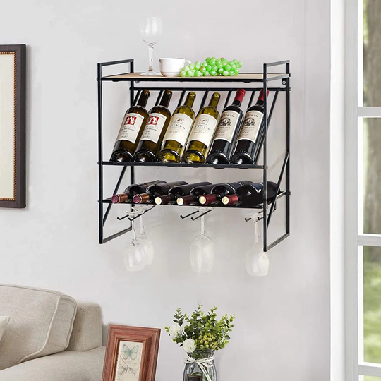 Wall Mounted Wine Rack, 3 Tier Metal Hanging Wine Rack, Wine Racks With 3 Stem Glass Holder, Hanging Stemware Glass Holder, Black