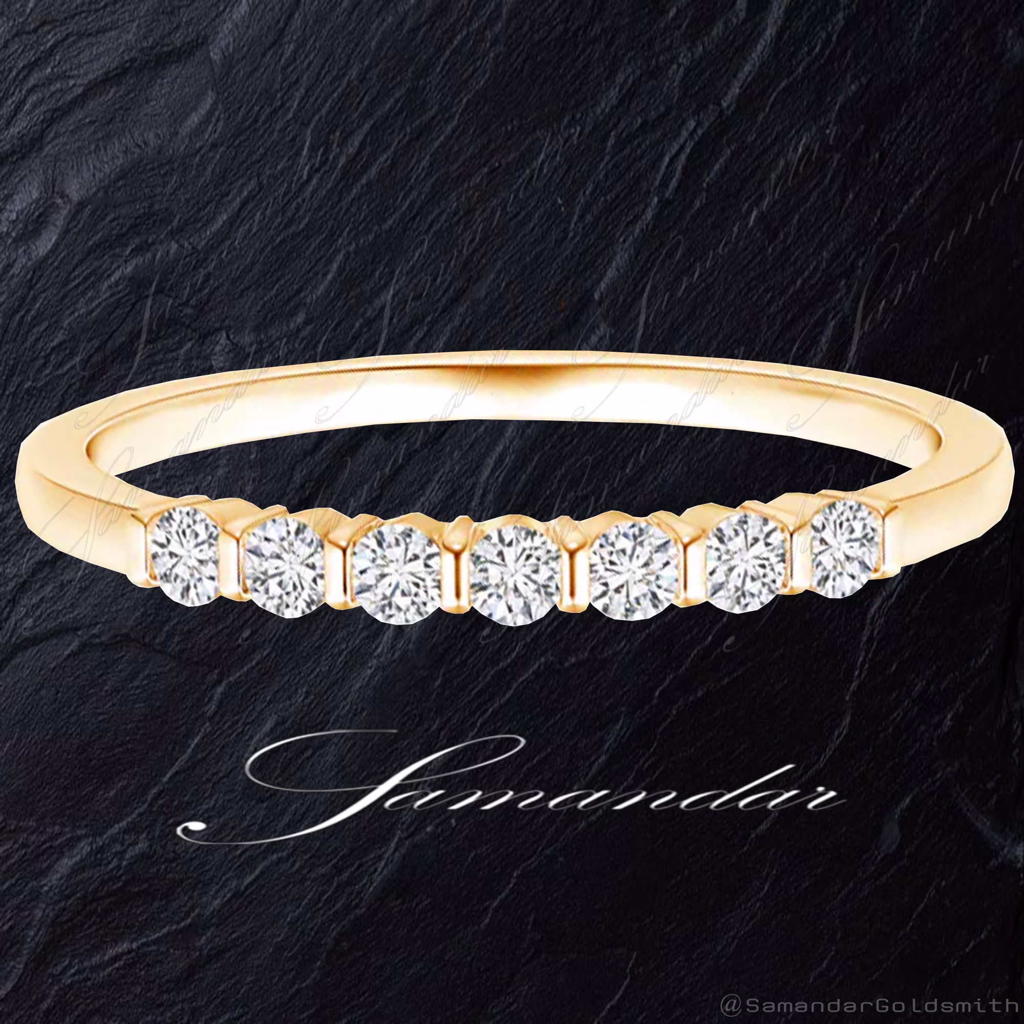 18K Solid Gold Floating Seven Stone Bar-Set Diamond Wedding Band/Promise Dainty Stackable Minimalist Ring/ Engagement Ring Birthday Gift