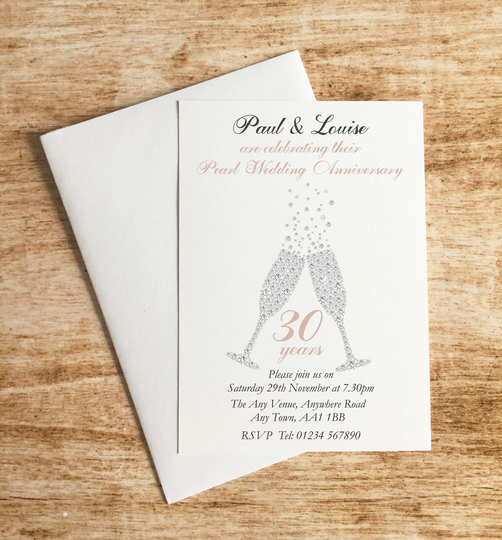 Personalised Pearl Wedding Anniversary Invitations Envelopes Included