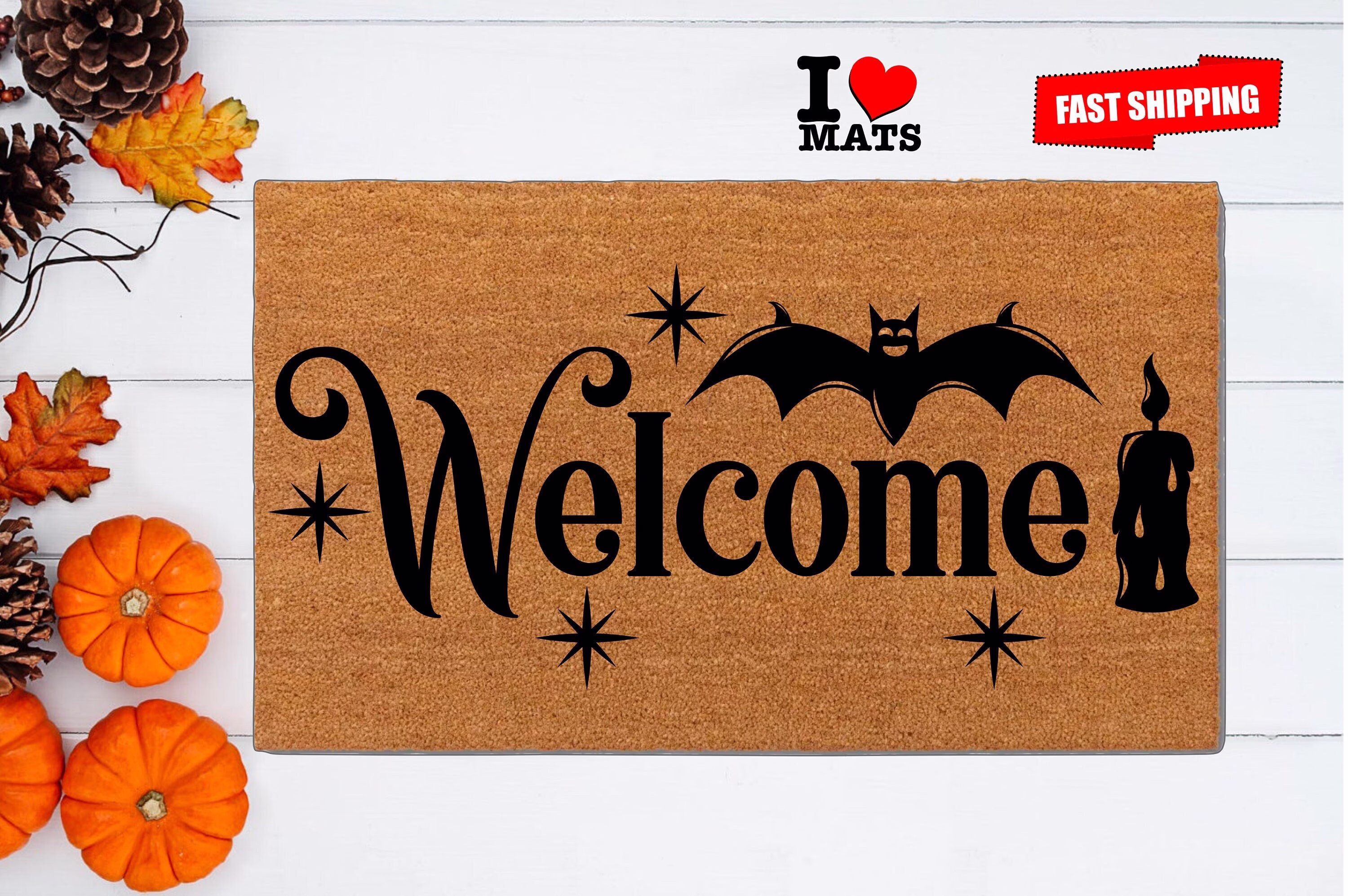 Welcome Bat Doormat, Scary Door Mat, Witch Halloween Housewarming Gift, Closing Candle Doormat