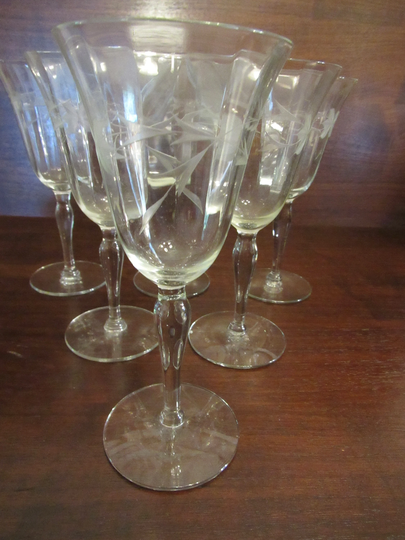 Etched Crystal Optic Bowl Wine Glasses, Stemware, Barware, Set Of 6. | 2826