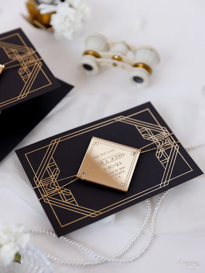 Luxurious Art Deco Great Gatsby Save The Date With Magnet Plexi Mirror Acrylic Diamond, Black & Gold The Cards, Wedding Invite
