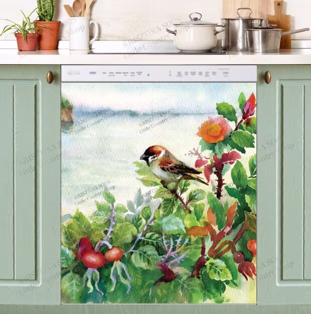 Kitchen Dishwasher Magnet Cover - Little Sparrow On A Dog-Rose Bush