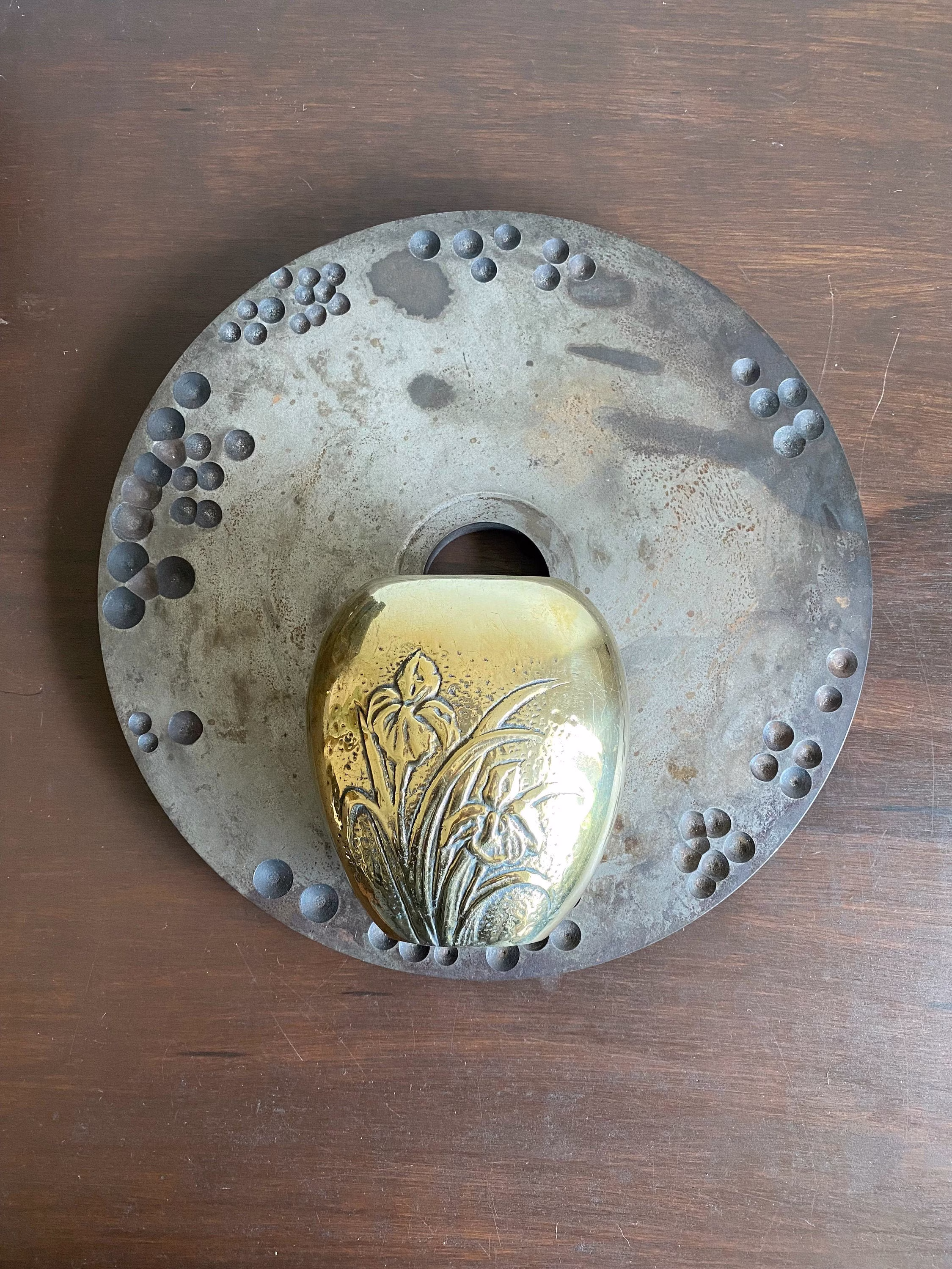 Vintage Solid Brass Vase With Iris Flowers, Vase, Floral Etched Flower Decorative Crafts Inc, Boho Decor