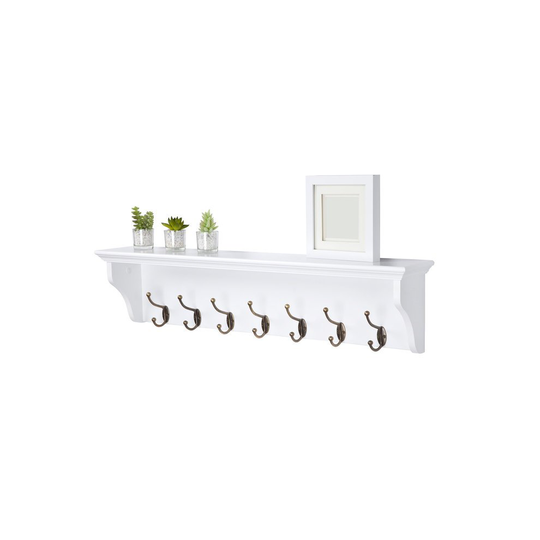 Richmond White Wooden Coat Rack with 7 Hooks / Wall Mounted with Shelf