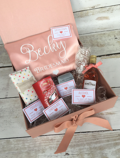 Personalised Bridesmaid Gift Set Hamper Box Satin Robe Champagne Glass Maid Of Honour Wedding Bride Rose Gold