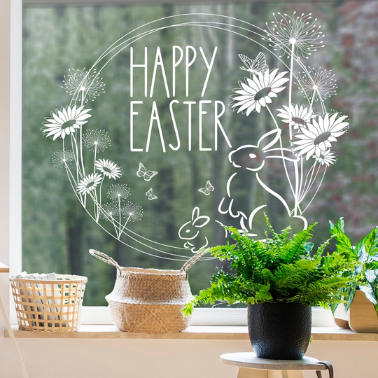 Happy Easter Window Sticker Wreath | Bunny & Meadow Decal Reusable Non Sticky Cling By Dizzy Duck
