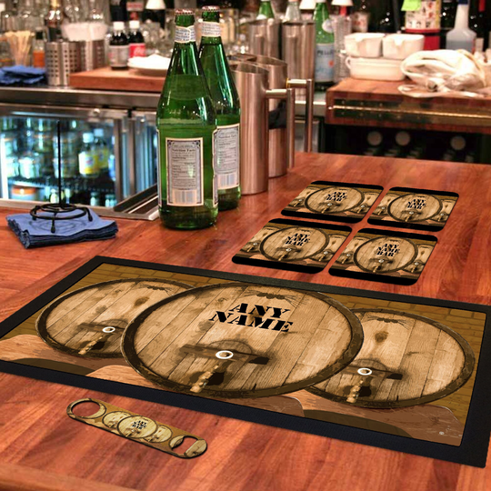 Personalised Bar Runner Mat, Matching Bottle Opener & 4 X Drinks Coasters Gift Set|Accessories For Home Bars|Brs-Ra819-1|Add Any Name/Text