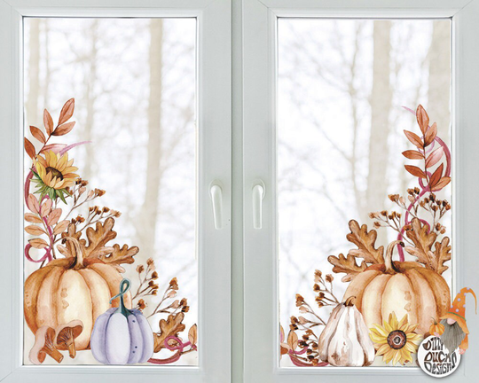 2Pk Autumn Window Decals - Sunflower Pumpkin Clings Leaves Fall Flower Décor For Windows Classy Halloween By Dizzy Duck