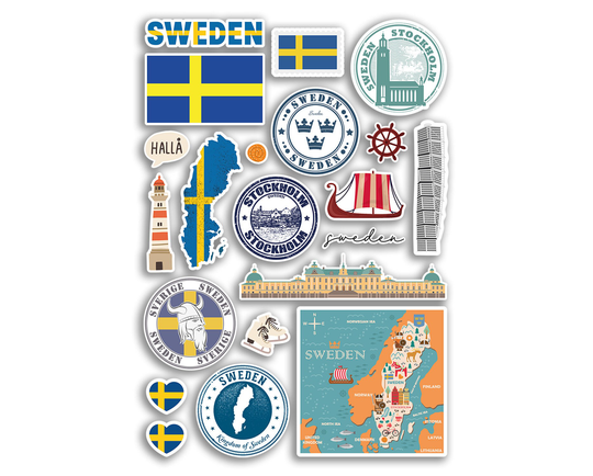 A4 Sticker Sheet Sweden Vinyl Stickers - Stockholm City Landmarks Stamp Flag Travel Holiday Culture Scrapbook Luggage Gift #78883
