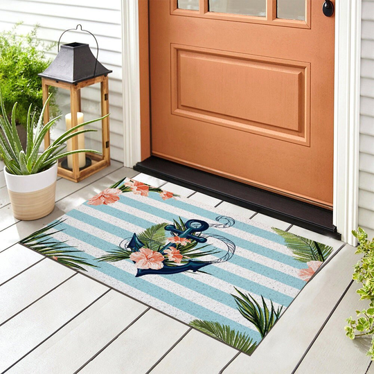 Flower Anchor Entrance Door Mat, Welcome Aboard Doormat, Anti Skid PVC Coil Mats, Mat For Home Entry Door, Washable Entryway