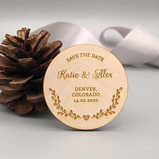 Heart & Branches | Wooden Save The Date Magnet Invitation | Script Font