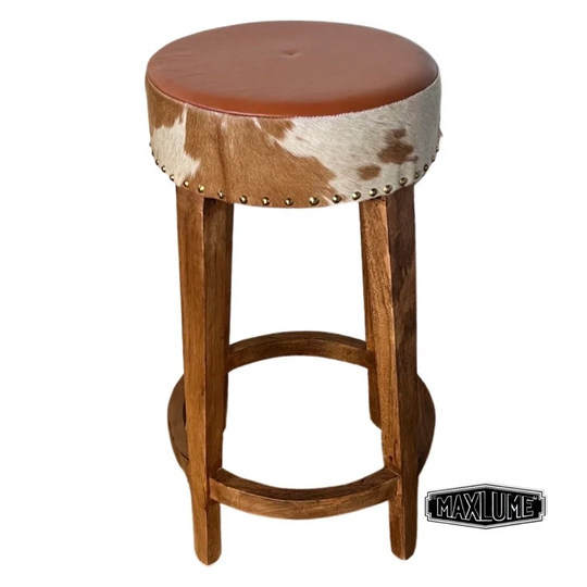 Maxlume ~ Cowhide Genuine Leather Button Top Solid Bar Stool Wooden Frame | Vintage Style Cast Metal Floor Standing
