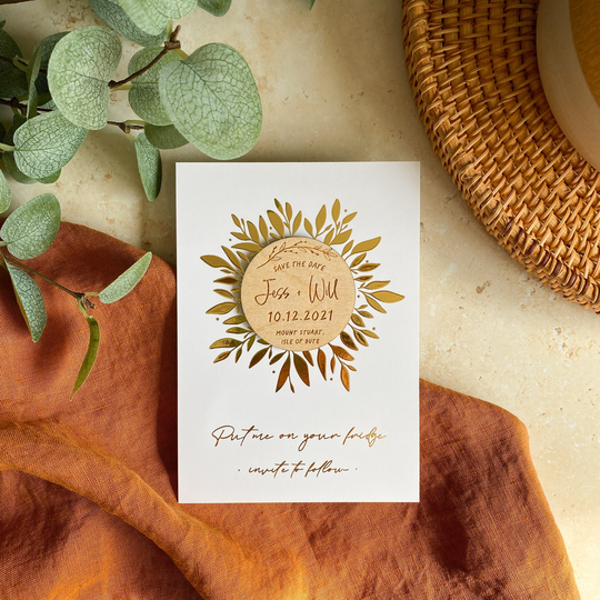 Minimalist Floral Wedding Save The Date Magnet, Personalised Simple Flower Wooden Date, Botanical Boho Hippie