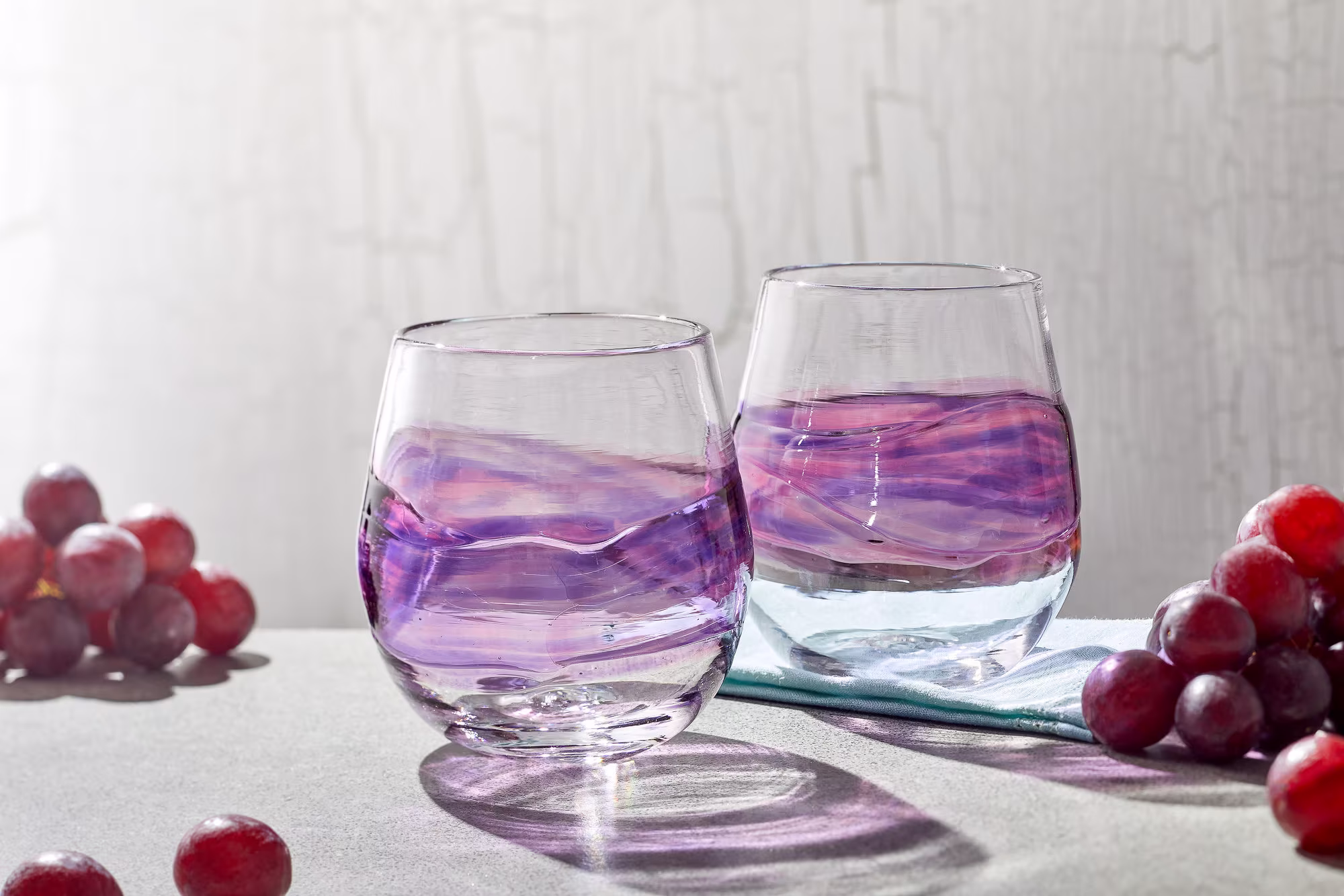 stemless Wine Glasses |Purple & Fushcia Band | Hand Blown Glass. Handmade Drinking Sangria Cocktail