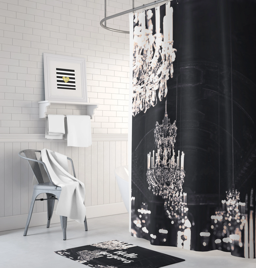 Chandelier Shower Curtain, Paris Glam Bath Decor, Black & White Curtain