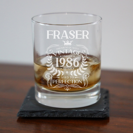 Vintage Engraved Glass - Whisky Tumbler, Beer Pint Glass, Gin Wine And/Or Coaster Birthday Set Gift Any Year