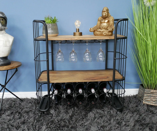 Industrial Drinks Trolley Rustic Wine Cabinet Metal Mini Bar Glass Bottle Holder Storage Retro Style Kitchen Serving Rack Cart Furniture