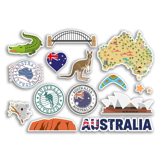 A5 Sticker Sheet Australia Landmarks Vinyl Stickers - Australian Map Airport Stamps Skyline Flag Travel Holiday City Aesthetic #77546