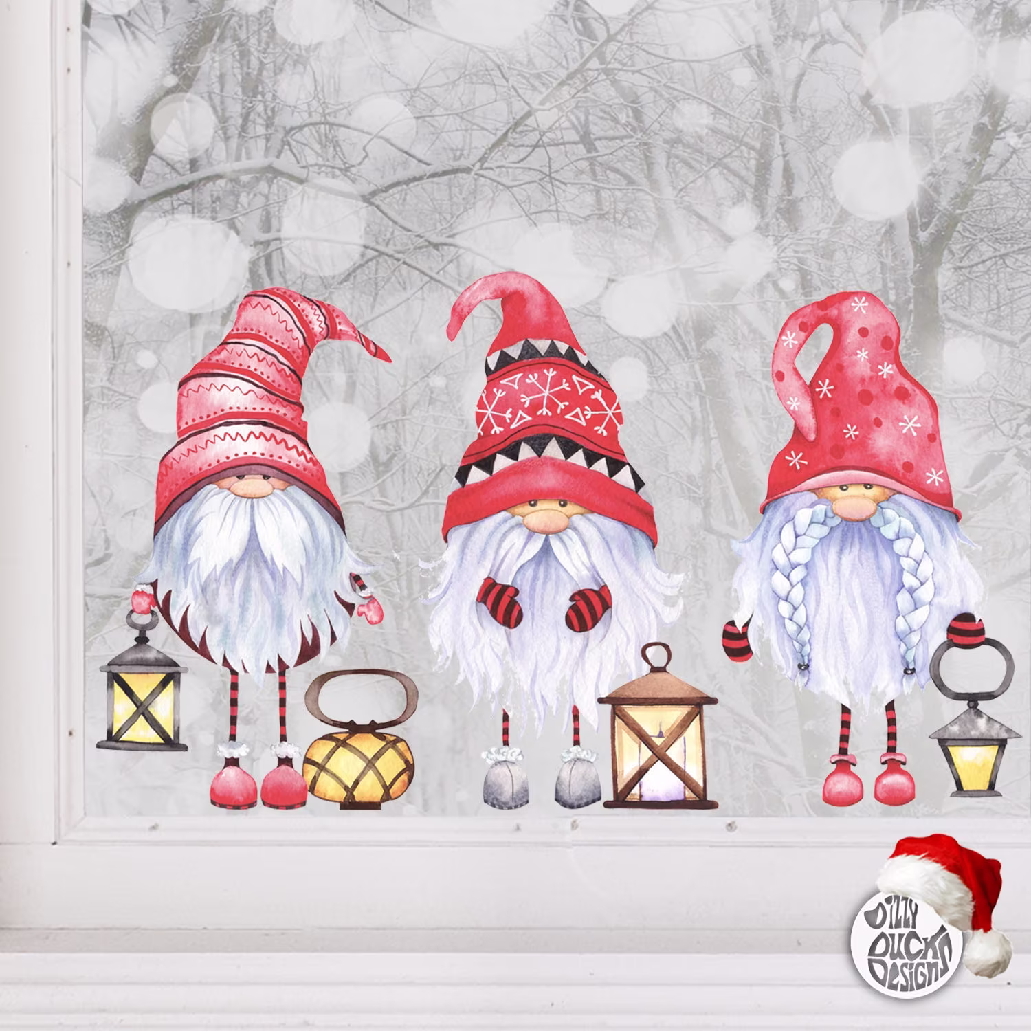 Christmas Gnome Window Cling Decal - Xmas Red Gonk Stickers By Dizzy Duck