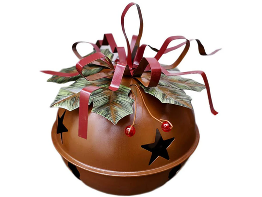 Large Christmas Jingle Bell Decoration, 4.5 X 5.5 Inch Rustic Red Hanging Tree Ornament Metal Star Cutout Xmas