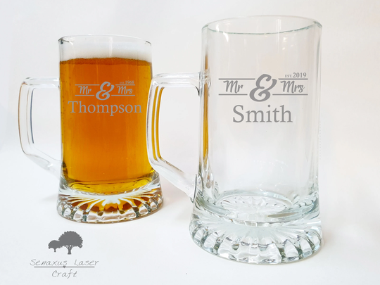 Personalised Mr & Mrs Tankard Glasses, Engraved Beer With Name & Est Year Custom Glass, Etched Mug