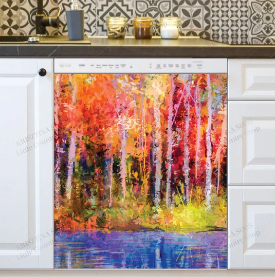 Kitchen Dishwasher Magnet Cover - Colorful Autumn Trees At The Lake