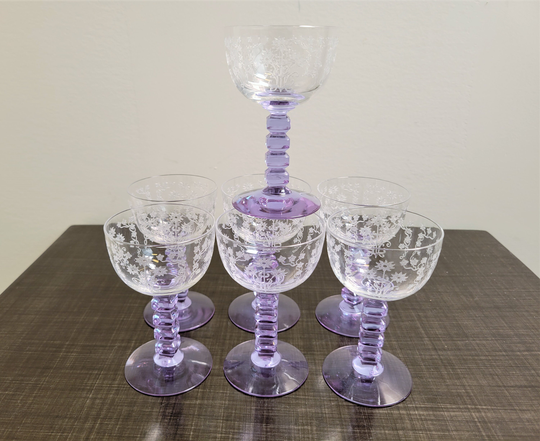 Etched Barware Glasses/Sun Purple Stemmed Glass Stacked Stemware Set Of 7 Vintagesouthwest