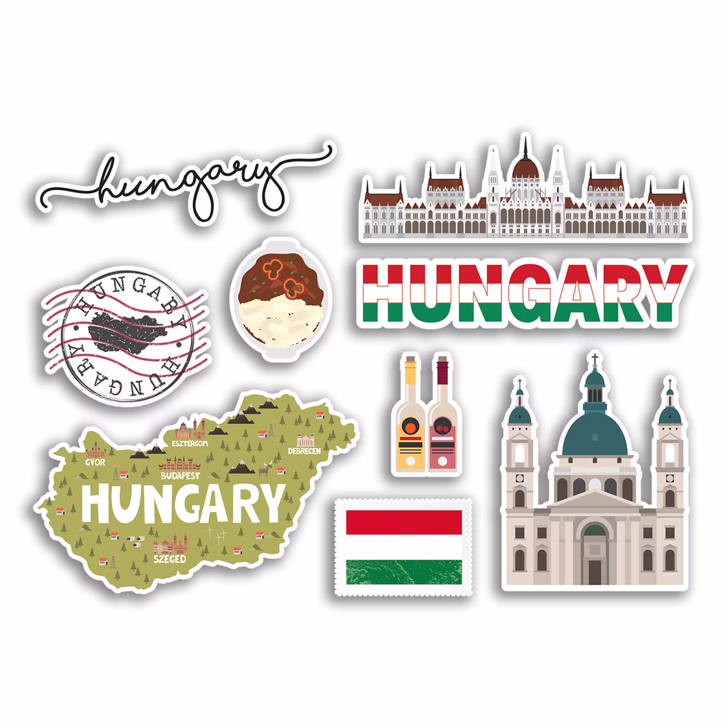 A5 Sticker Sheet Hungary Landmarks Vinyl Stickers - Hungarian Country Map Airport Stamps Skyline Flag Travel Holiday City Aesthetic #77535