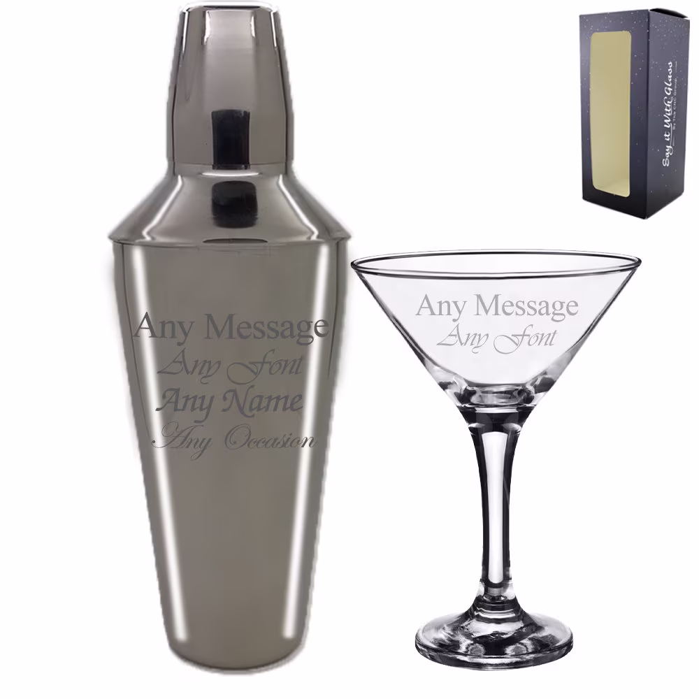 Personalised Engraved Cocktail Shaker With Strainer & Martini Glass, Perfect For Any Lover, Great Occasion