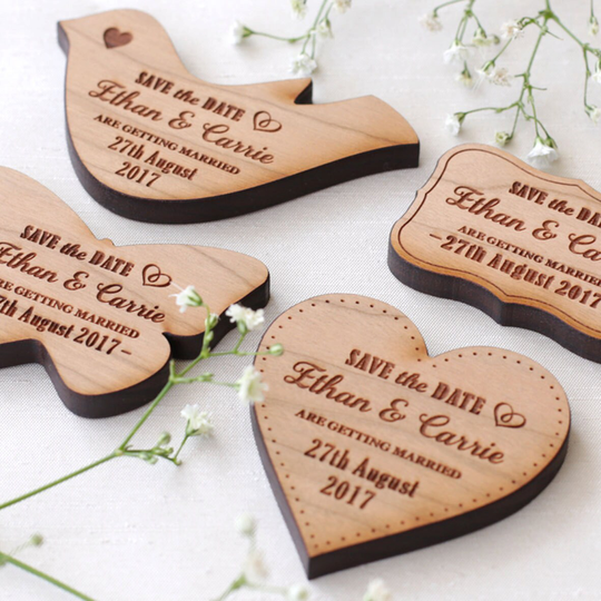 Save The Date Wedding Magnet, Custom Solid Wood Rustic Magnets, Personalised Wooden Heart Dove Butterfly Fridge