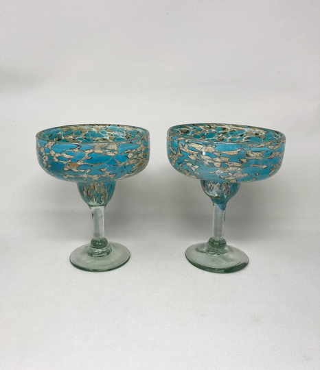 2 Hand Blown Margarita Glasses - Teal/Tan Confetti
