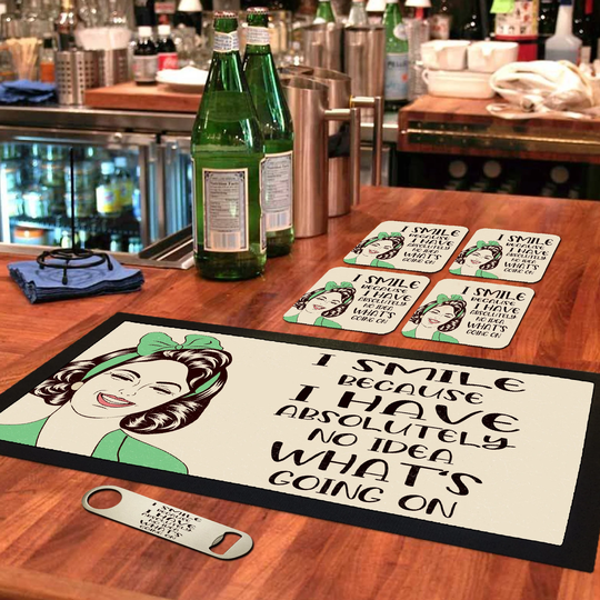 Bar Runner Mat, Matching Bottle Opener & 4 X Drinks Coasters Gift Set For Home Bars Pubs Garden Tiki - Bar-Run-Set-130