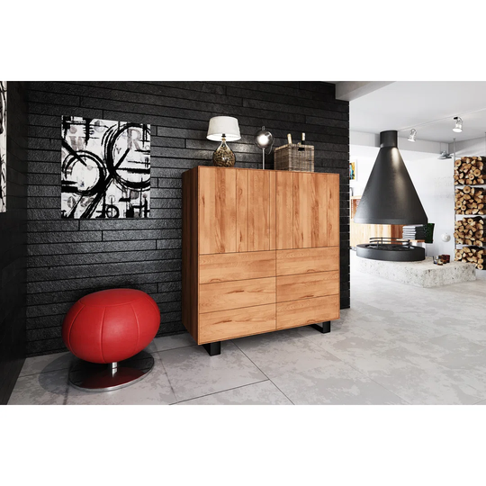 Steel 132 Cm Wide 6 Drawer Oak Wood Highboard