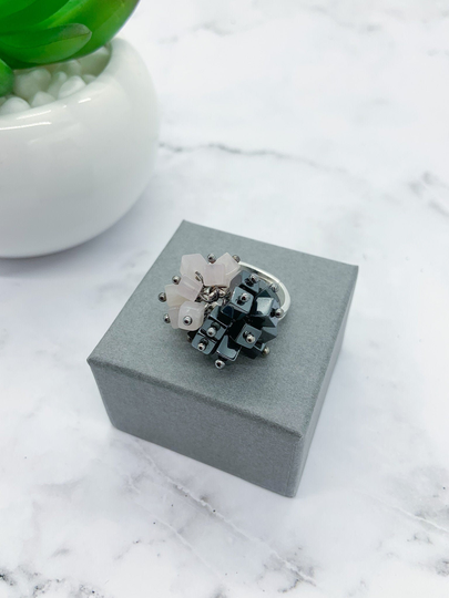 Cha-Cha Sterling Silver Ring | Rose Quartz Cube Gemstone Hematite Cluster Adjustable Chacha Statement Gift For Her