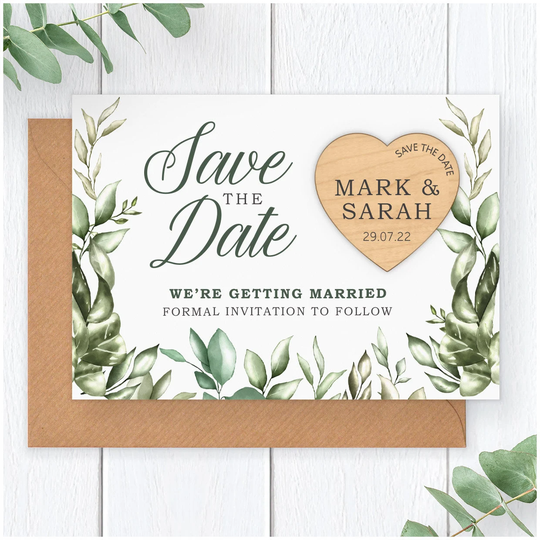 Unique Save The Date Magnet - Personalised Cards Magnets Eucalyptus Wooden Heart Boho Vintage Wedding