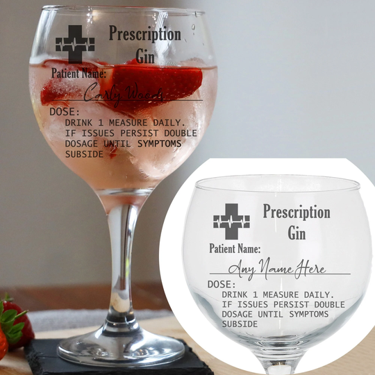 Personalised Engraved Gin Glass Prescription Novelty Etched Large Balloon And/Or Matching Coaster - Custom Made To Order Gift