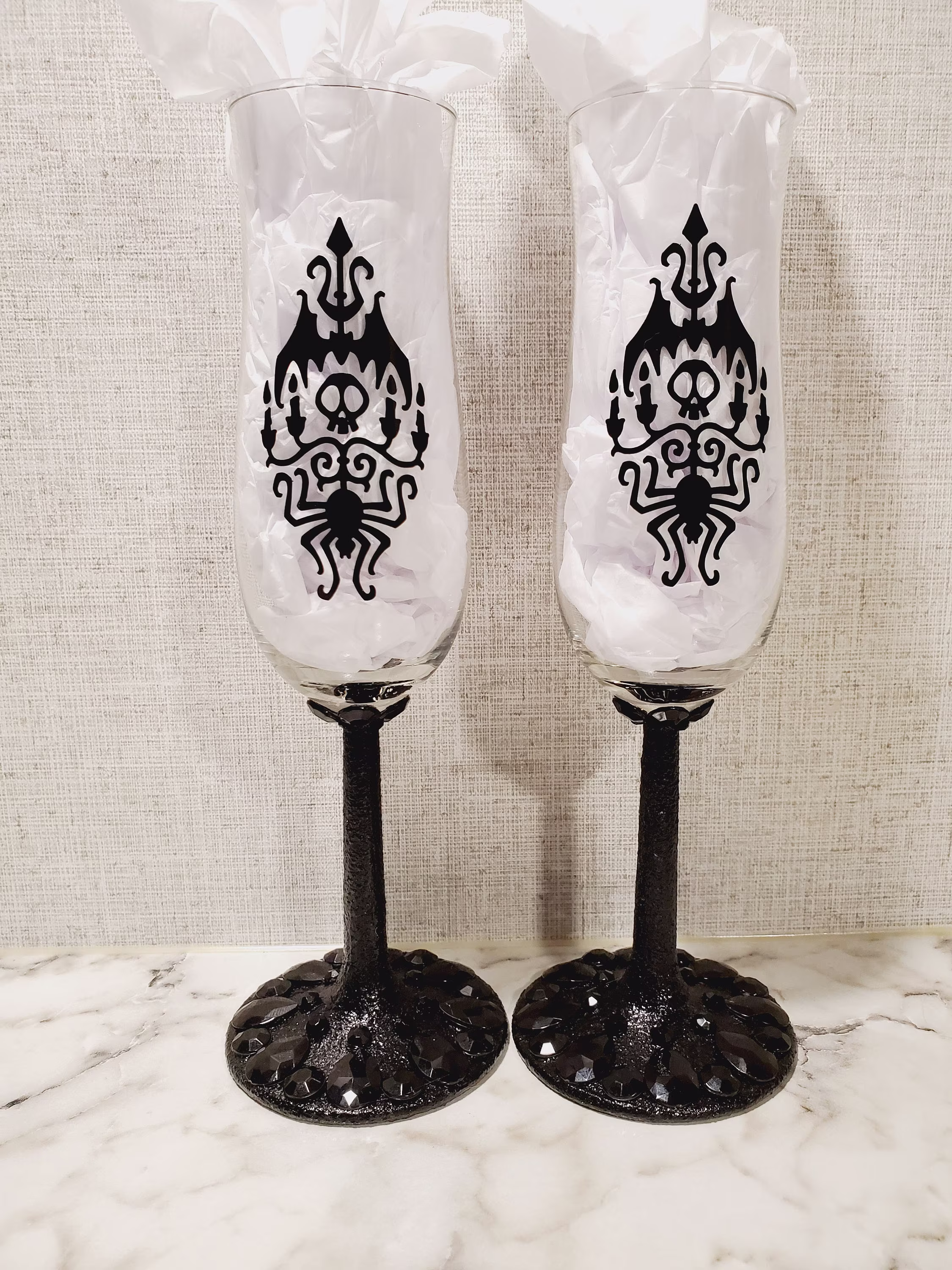 Gothic Skull Damask Wine Glasses, Black, Wedding, Halloween Wedding Gift, Couple Gift By Twistedeverafter