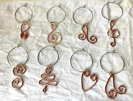 8 Wine Glass Charms, Tags, Copper Rose Gold Coloured Wire Markers, Tags