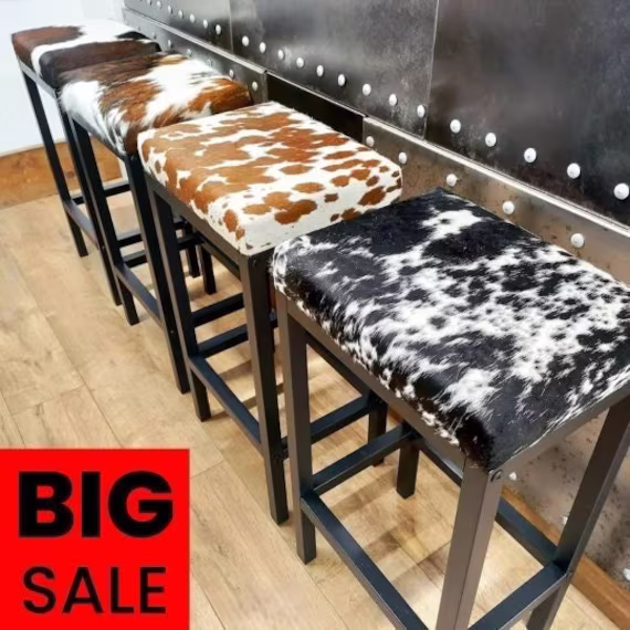 Bar Stool Cowhide Topped Bespoke/ Custom Made, Counter Top, Breakfast Bar, Rustic, Farmhouse, Industrial -Fp