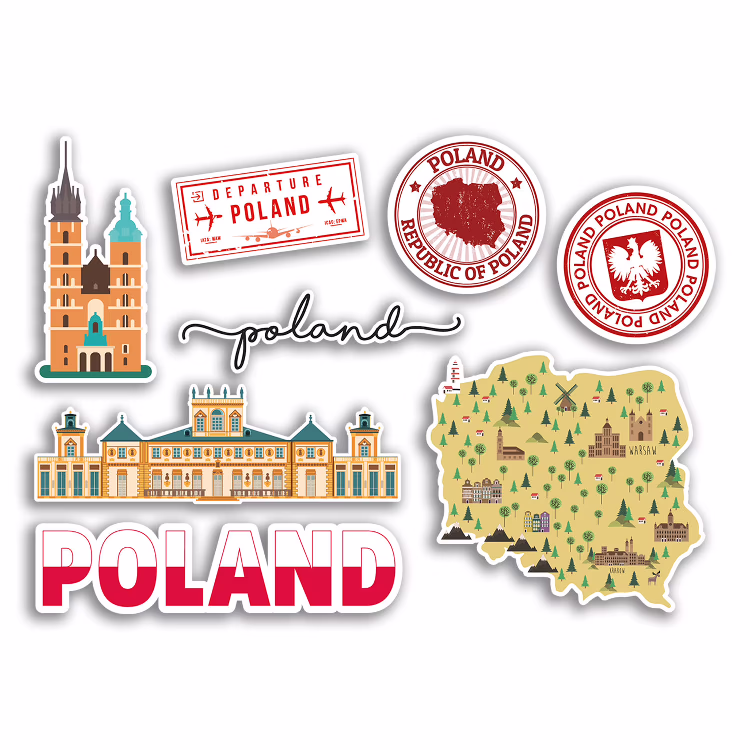 A5 Sticker Sheet Poland Landmarks Vinyl Stickers - Polish Country Map Airport Stamps Skyline Flag Travel Holiday City Aesthetic #77538