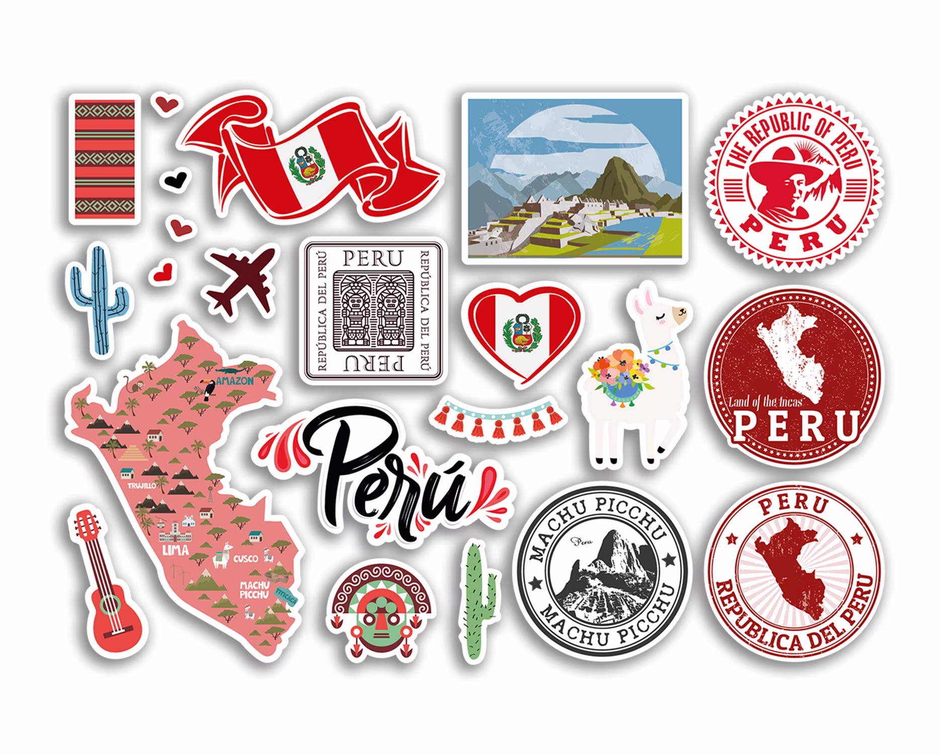 A5 Sticker Sheet Peru Landmarks Vinyl Stickers - Country America Map Airport Stamps Skyline Flag Travel Holiday Scrapbook Aesthetic #79024