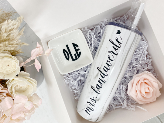 Personalized Marble Mrs Tumbler Bride To Be Gift Set - Future Engagement Idea For New Bridal Box Ring Dish